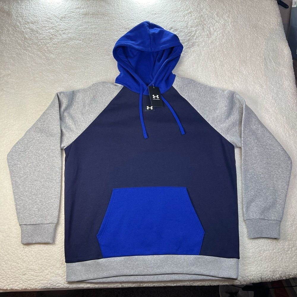 Under Armour Hoodie Mens Small Blue Gray Colorblock Rival Fleece Sweatshirt